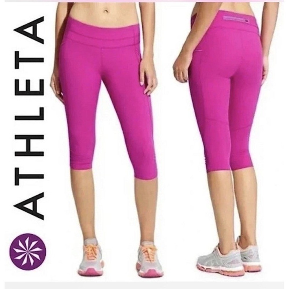 Athleta Leggings Womens S Hot Pink Dobby Be Free Knicker Capri Workout Pockets - Picture 5 of 16